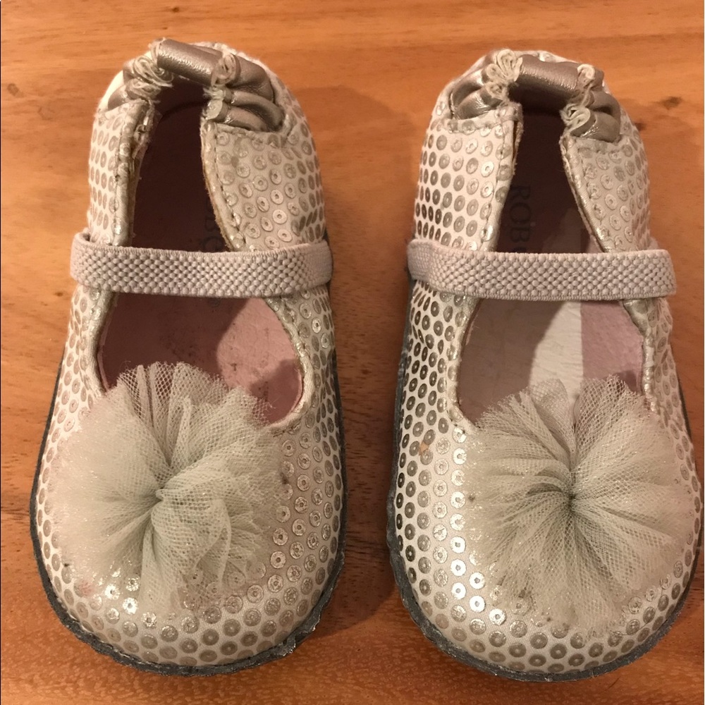 Robeez  silver Mary Jane with sole and Pom poms